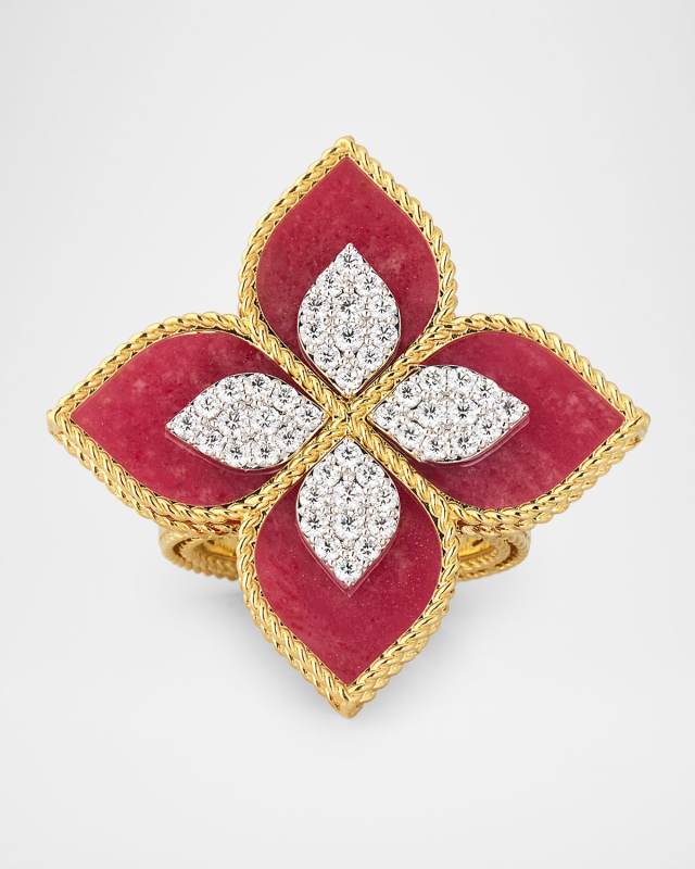 18K Yellow Gold Diamond and Rhodonite Ring, Size